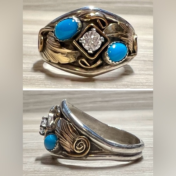 S. Ray Jewelry - Vintage Designer S. Ray Sterling Silver & Gold Turquoise & CZ Ring, Size 11